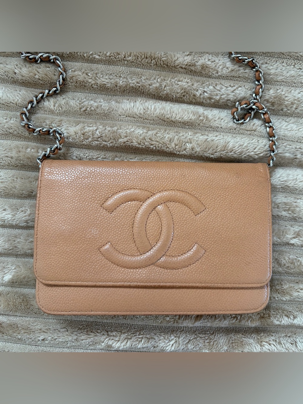 GUC Vintage Chanel CC Caviar Leather Wallet On Chain WOC Beige Silver Chain